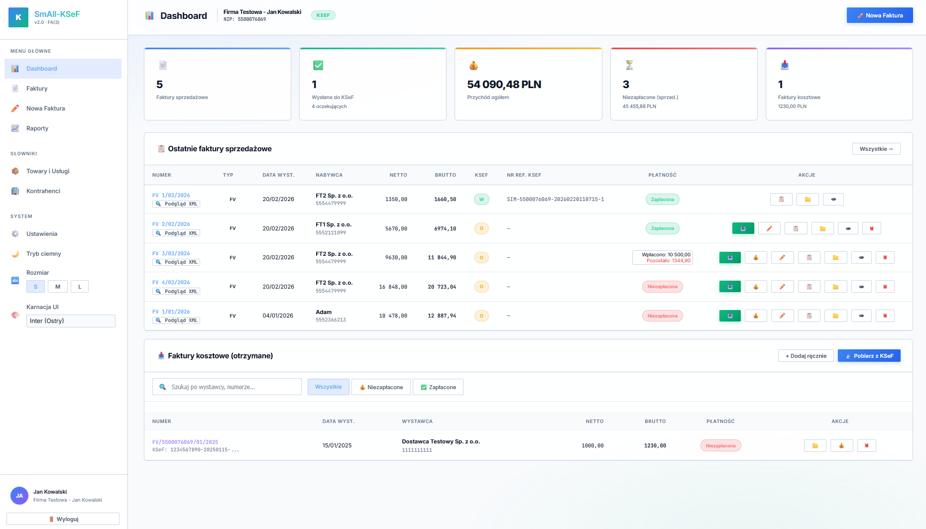 Dashboard aplikacji - motyw jasny