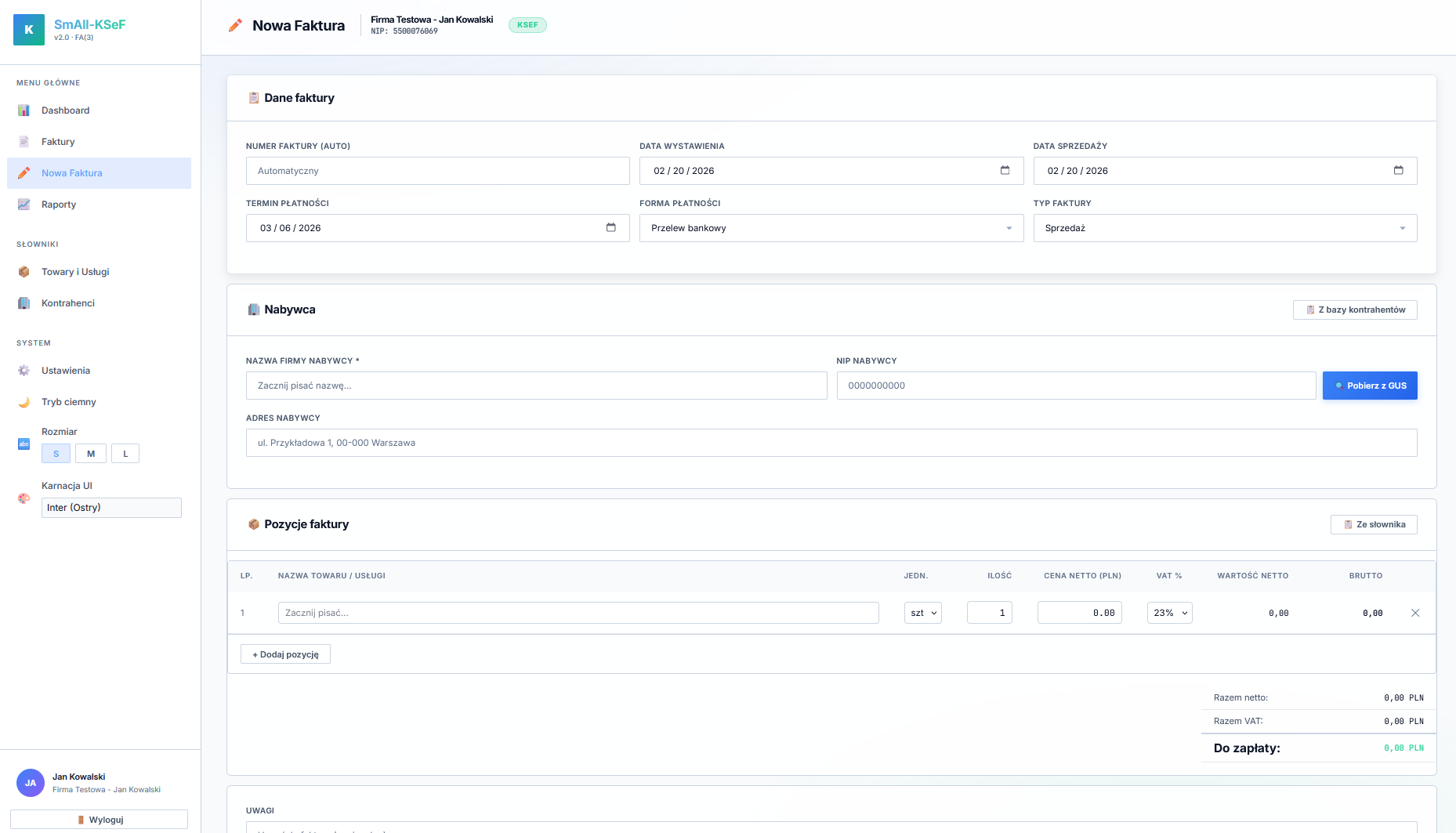 Nowa faktura - motyw jasny